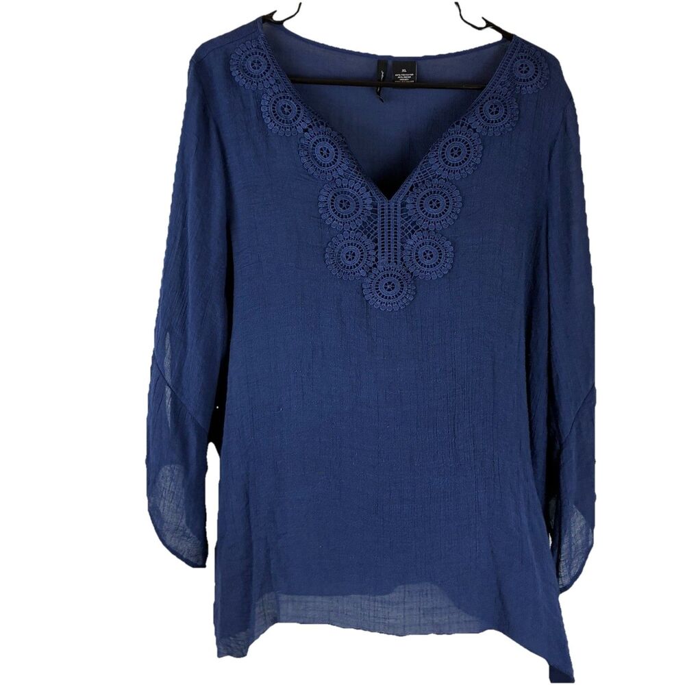 New Directions Women’s Navy Blue Bohemian Crochet Tunic Sheer Blouse Size XL